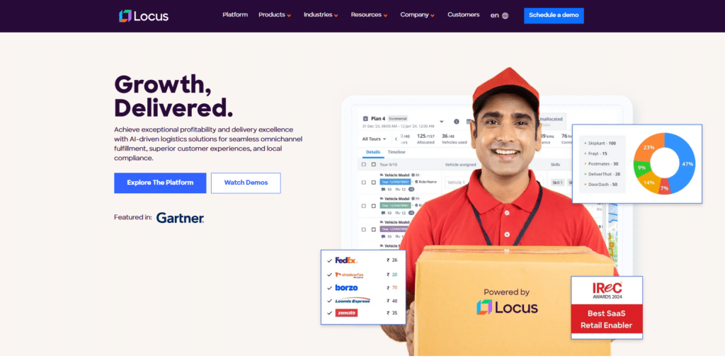 Locus logistics orchestration platform homepage showing AI-powered dispatch, route optimization, and delivery management for enterprise operations.