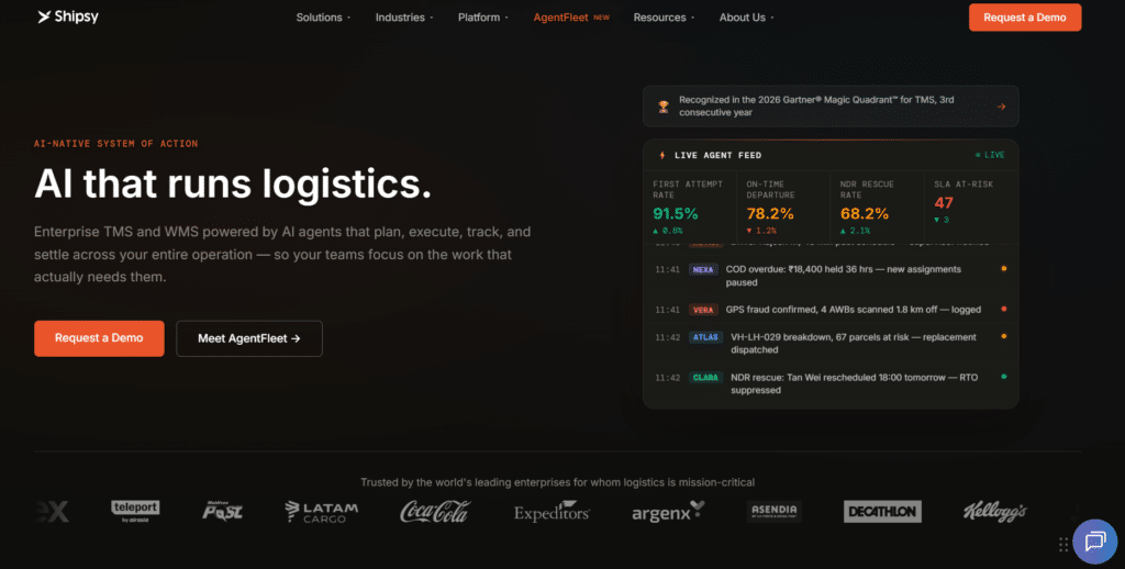 Shipsy cross-border logistics platform homepage.