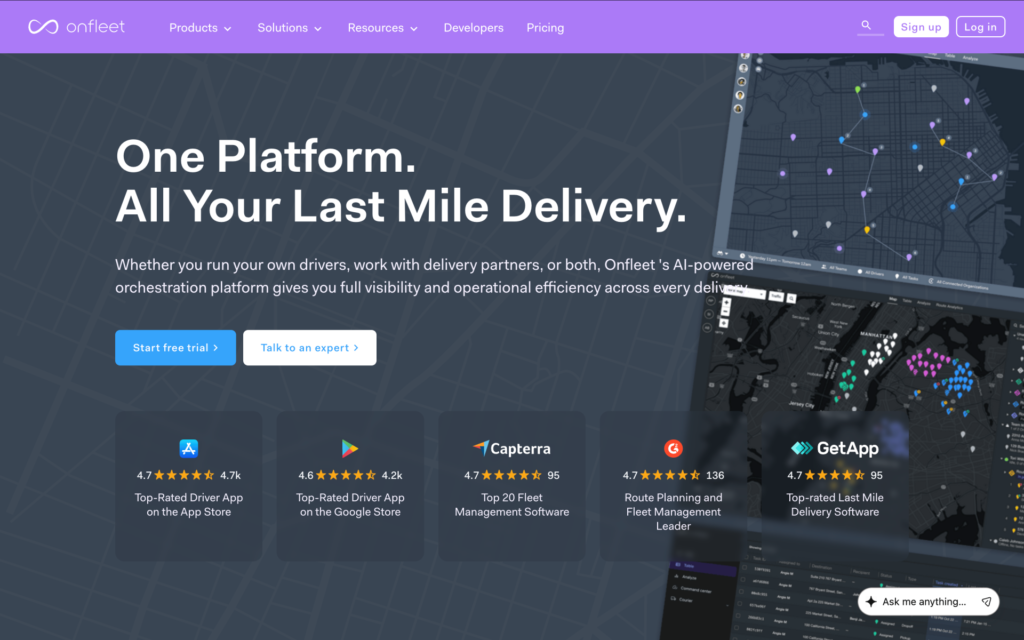 OptimoRoute route planning software homepage showing multi-day route optimization and live tracking.