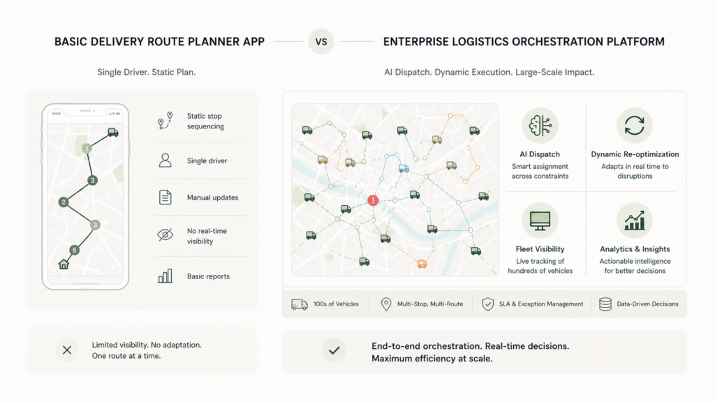 Diagram contrasting a basic delivery route planner app handling static stop sequencing for a single driver against an enterprise logistics orchestration platform managing AI dispatch, dynamic re-optimization, fleet visibility, and analytics simultaneously across hundreds of vehicles.