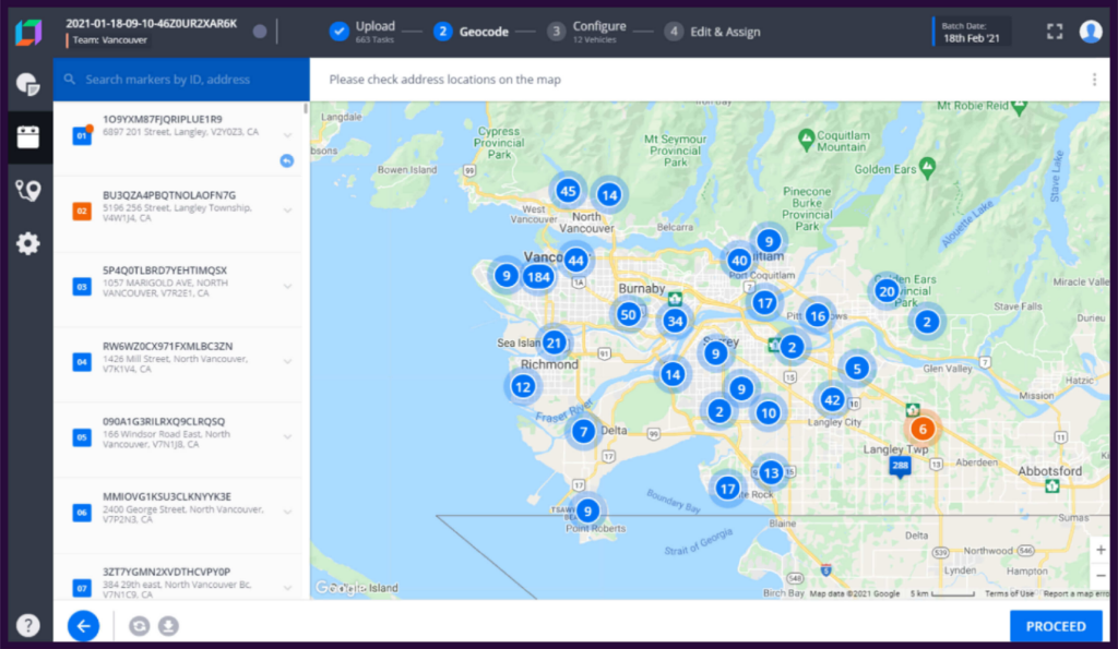 Locus transport management dashboard showing a map centered on the Vancouver area with multiple clustered blue markers indicating task locations.