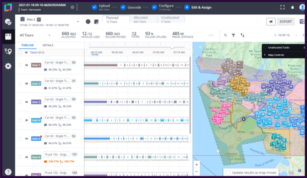 Locus route optimization interface showing dynamic mid-execution route recalculation across a fleet of vehicles, with real-time tracking data feeding into stop sequence adjustments based on live traffic and order changes.