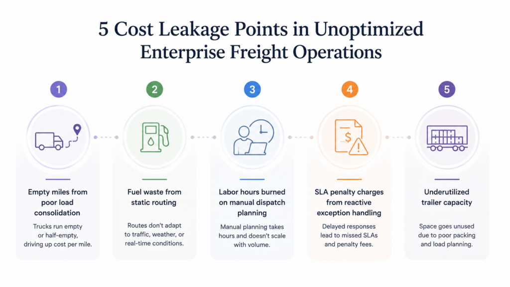 Diagram showing five cost leakage points in unoptimized enterprise freight operations: empty miles from poor load consolidation, fuel waste from static routing, labor hours burned on manual dispatch planning, SLA penalty charges from reactive exception handling, and underutilized trailer capacity.