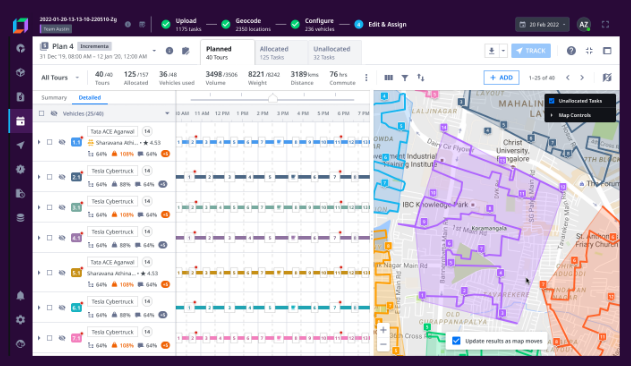 Locus route optimization software interface showing multi-stop route planning across a fleet of enterprise vehicles, with constraint-based stop sequencing, time window enforcement, and driver assignment visible in a single dispatch view.