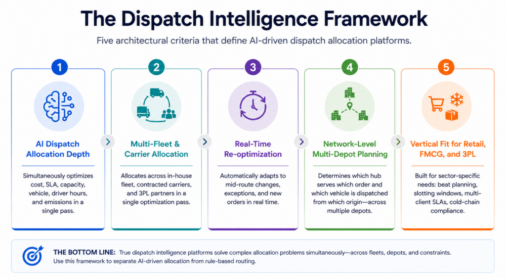 Infographic showing the five criteria of the Dispatch Intelligence Framework