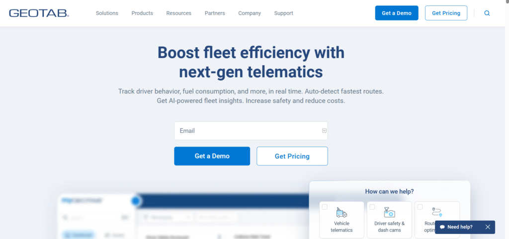 Geotab open fleet management platform homepage showing MyGeotab analytics dashboard, telematics data layer, and SDK marketplace integrations