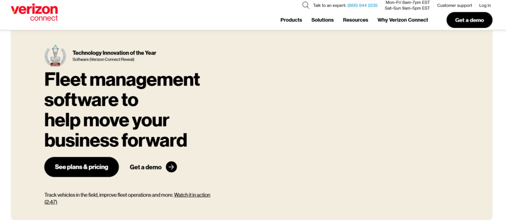 Verizon Connect fleet management platform homepage showing GPS tracking, live dispatch management, and driver mobile app features