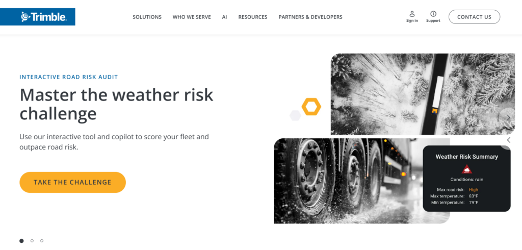 Trimble Transportation management platform homepage showing TMS-level freight dispatch scheduling, load planning, and HOS compliance features