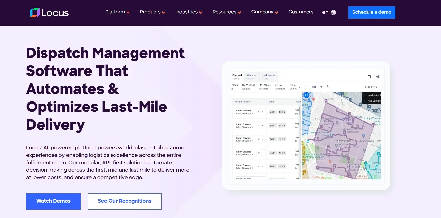 Locus dispatch management platform showing AI-powered freight load allocation, constraint-based carrier assignment, and real-time fleet visibility across multi-depot logistics operations.