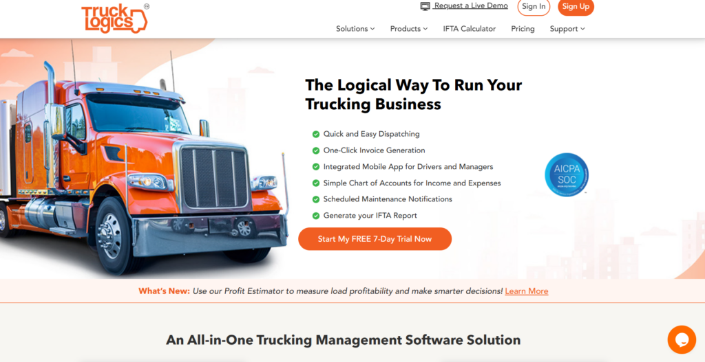 TruckLogics small carrier and owner-operator dispatch management platform homepage.