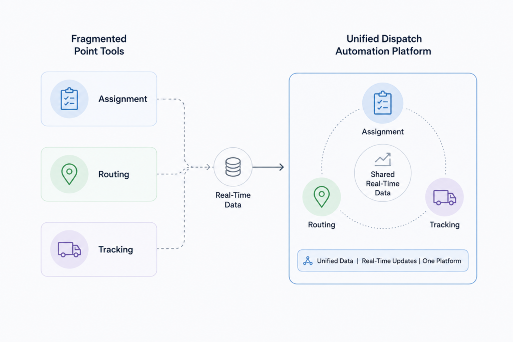 Conceptual diagram showing three fragmented point tools (assignment, routing, tracking) on the left and a unified dispatch automation platform on the right, with shared real-time data flow connecting all three pillars